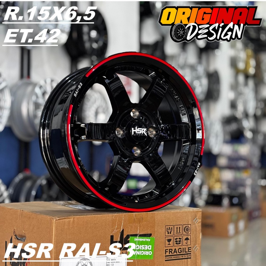 Pelek Mobil AYLA, BRIO, CITY, Ring 15 Pcd 4x100 Velg HSR RAI S3 R15 Warna Hitam List Merah