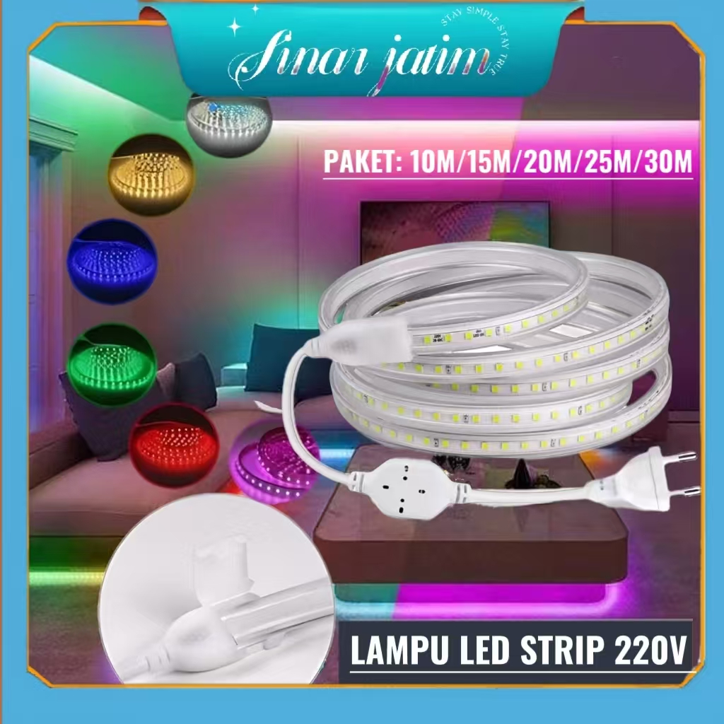 PAKET Lampu Led Strip Selang 5050 10m 20m 30 meter (lampu strip+ Socket+tutup )5050 Lampu Hias Cafe 