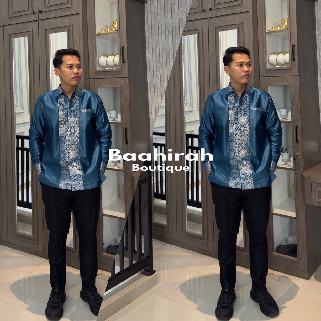 Kemeja Pria Satin Velvet Premium Kombinasi Songket Bisa Couple Outfit Kondangan Elegan dan Berkelas