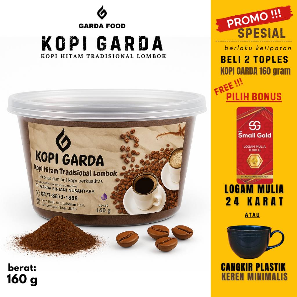 

KOPI GARDA Khas Pulau Lombok - Kopi Hitam Bubuk Special Mix 160g FREE Mug & Emas 24 Karat