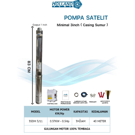 Pompa Air Listrik Sibel Holland Pump Submersible 3 inch 0.5 HP