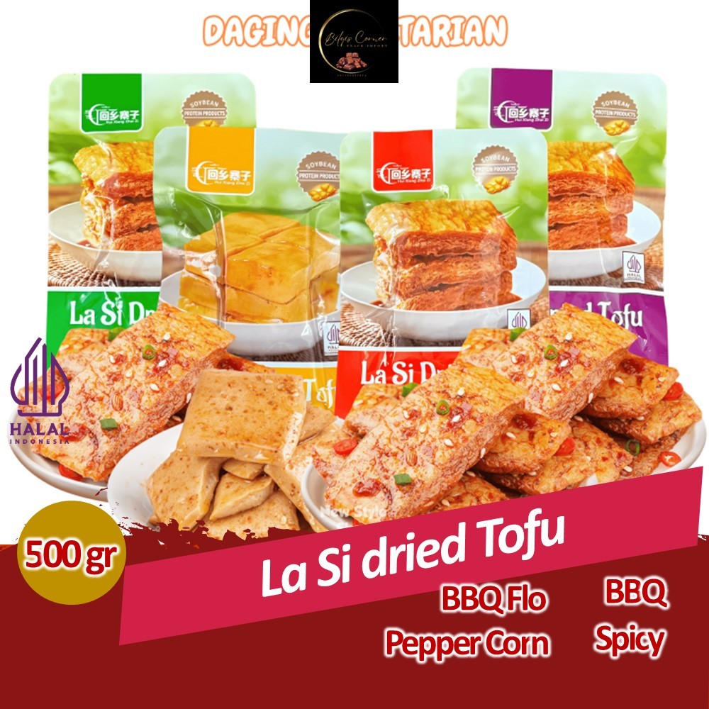 

Halal La si Dried Tofu 500 Gram 1 box isi 20 Pcs BBQ PepperCorn Spicy and BBQ Flavor Tahu Semi Kering Cemilasn Kering Instant Snack