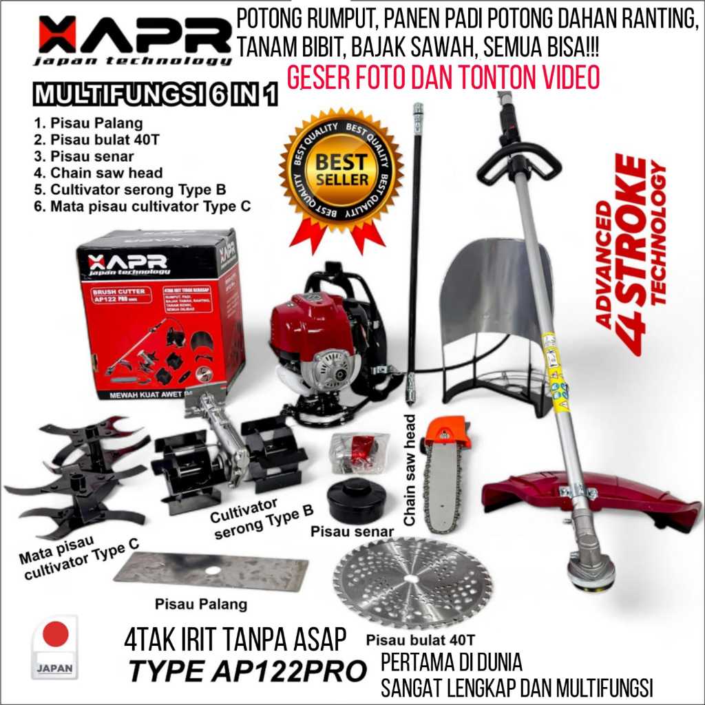 APR Raja Mesin Potong multifungsi  Rumput 4 Tak Model Gendong tipe AP122PRO Paket 6 Mata Pisau (6 in