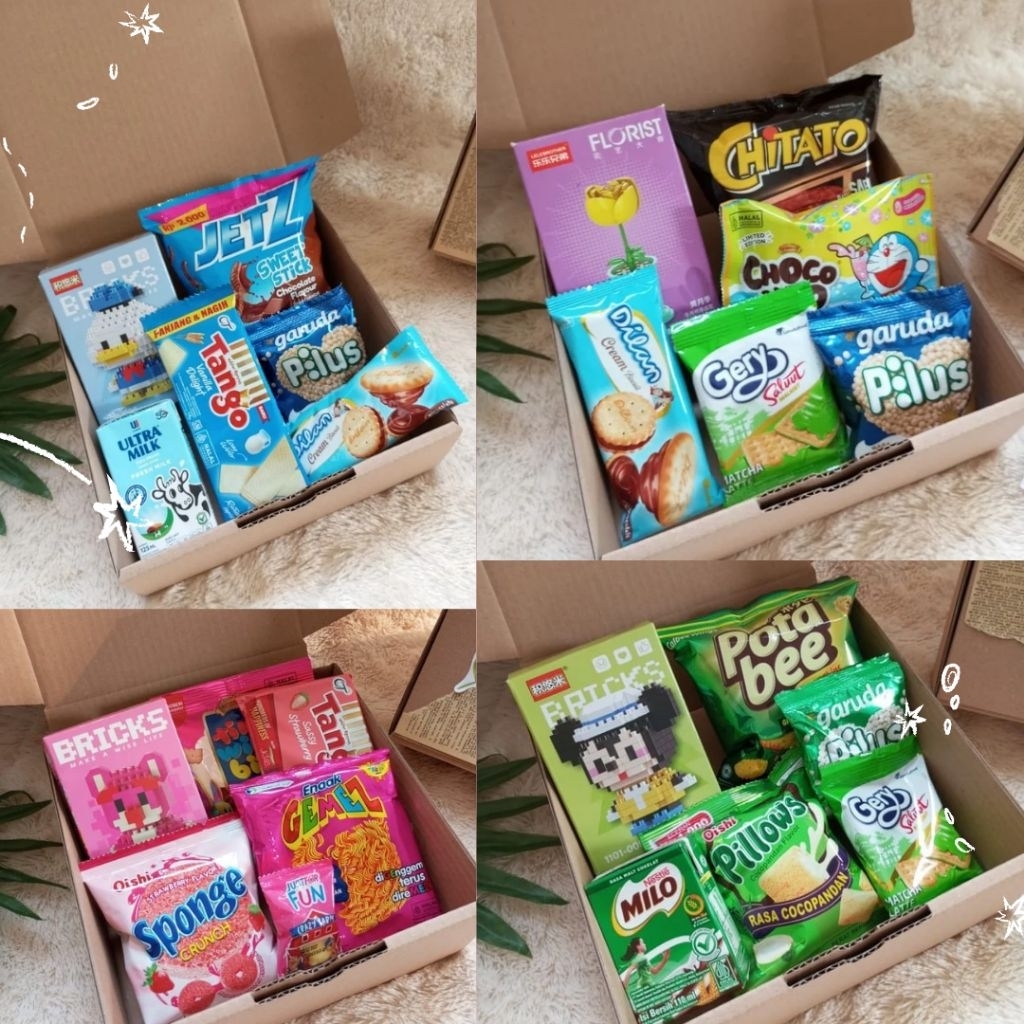 

Hampers Snack hemat edisi warna / Hampers Snack bricks / Souvenir ulang tahun / Kado ulang tahun / Kado wisuda / Kado Anniversarry packing aesthetic