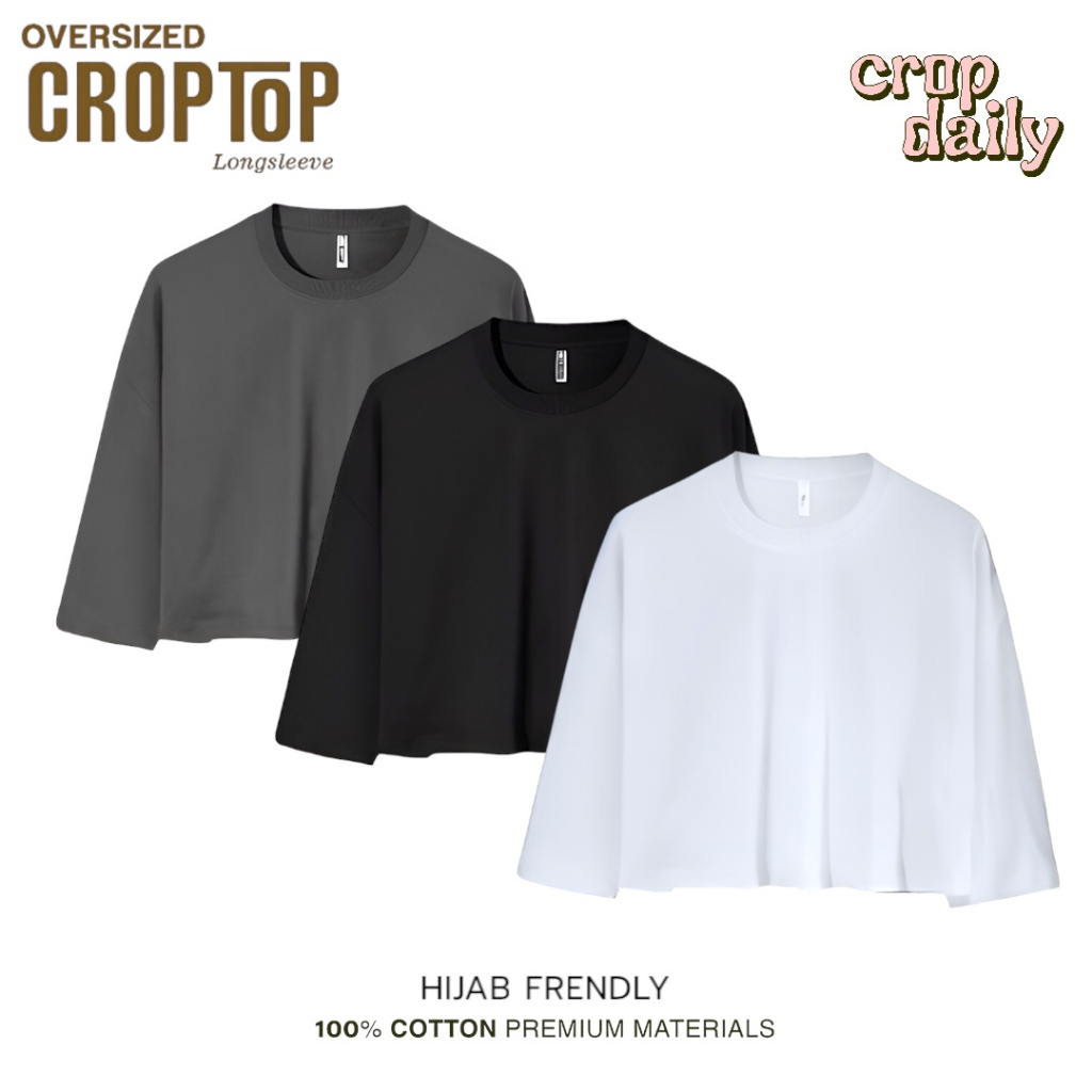 KAOS CROP TOP OVERSIZE LENGAN PANJANG HIJAB FRIENDLY KAOS CROP TOP LENGAN PANJANG CROP TOP WANITA