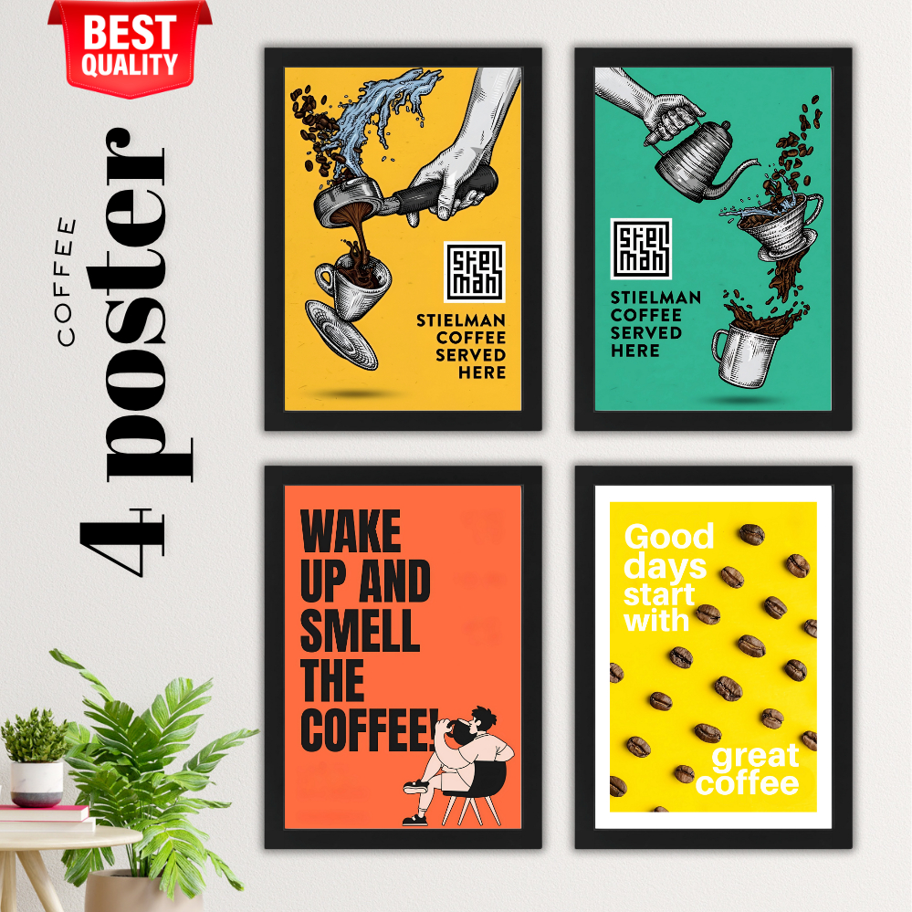 Poster Kopi Aesthetic + Bingkai Kayu A2 | Paket 4 Poster Dekorasi Dinding Cozy Coffee Shop Kekinian