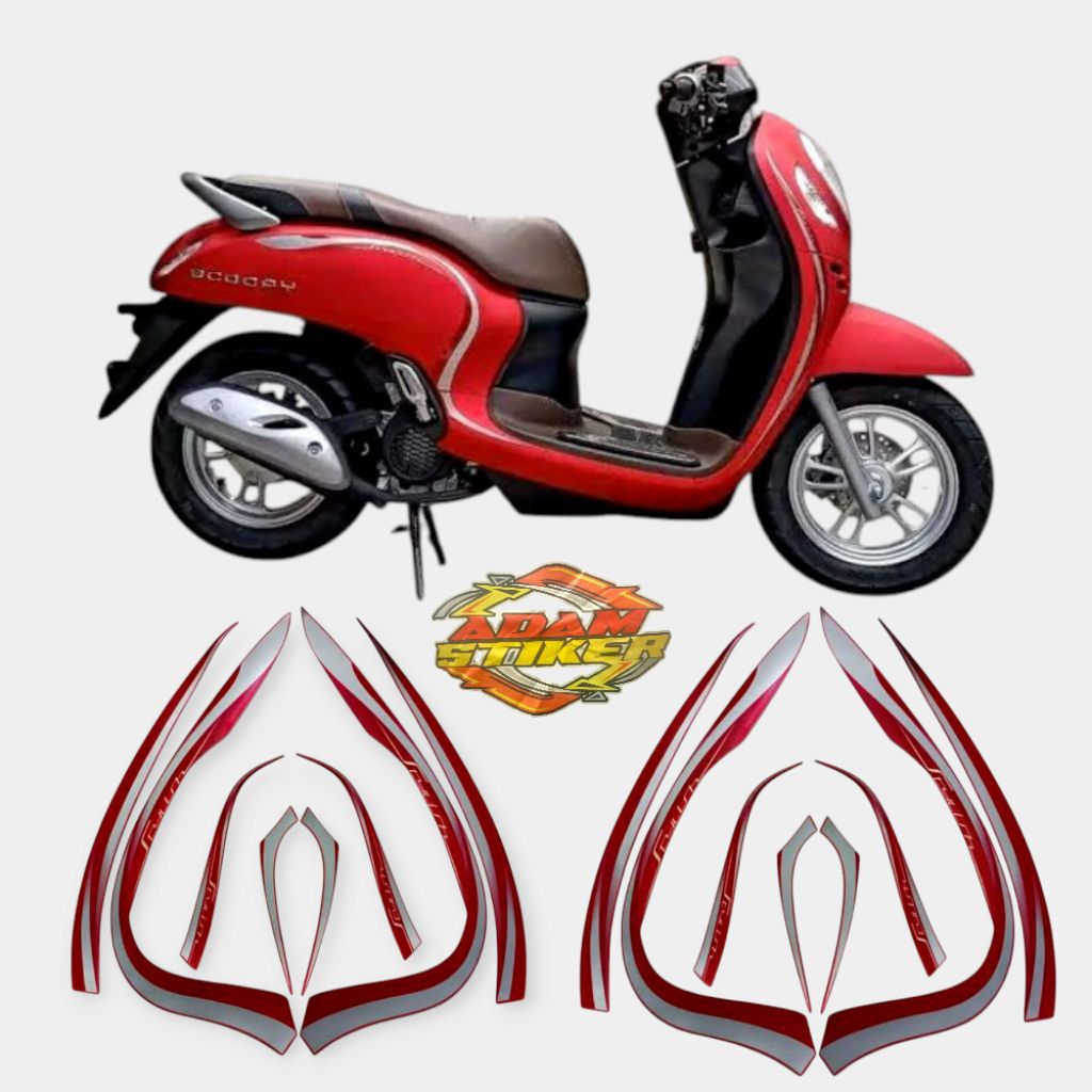 stiker striping lapisan sepeda motor honda scoopy stylish 2022 Merah full body lis bodi standar