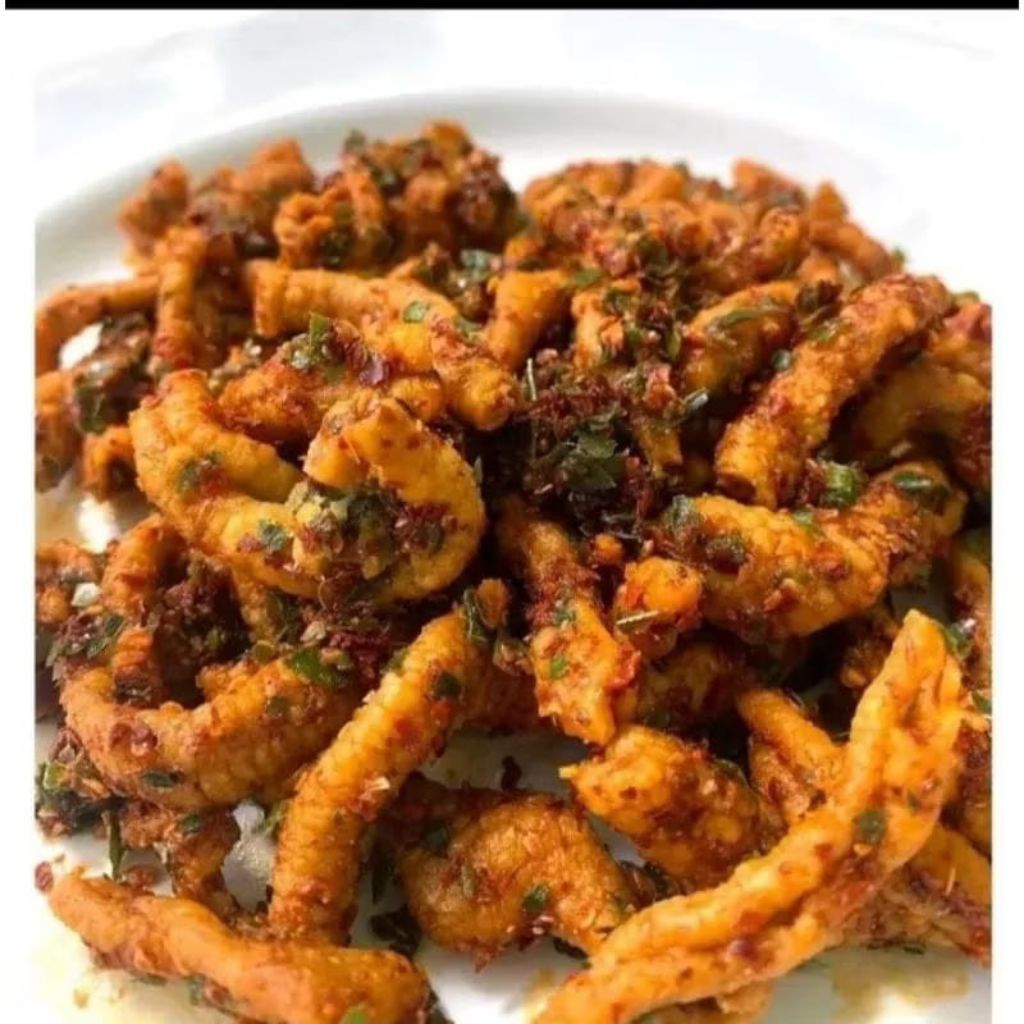 

kripik usus ayam pedas dan ori