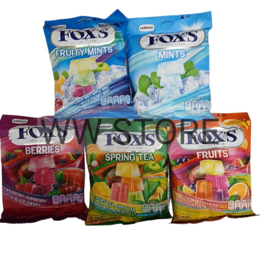 

Permen kembang gula kristal bening rasa mint teh & aneka buah beri halal MUI SAVORIA FOX'S FOXS FOX CRYSTAL CLEAR FRUITS FRUITY MINTS BERRIES SPRING TEA Candy 90g