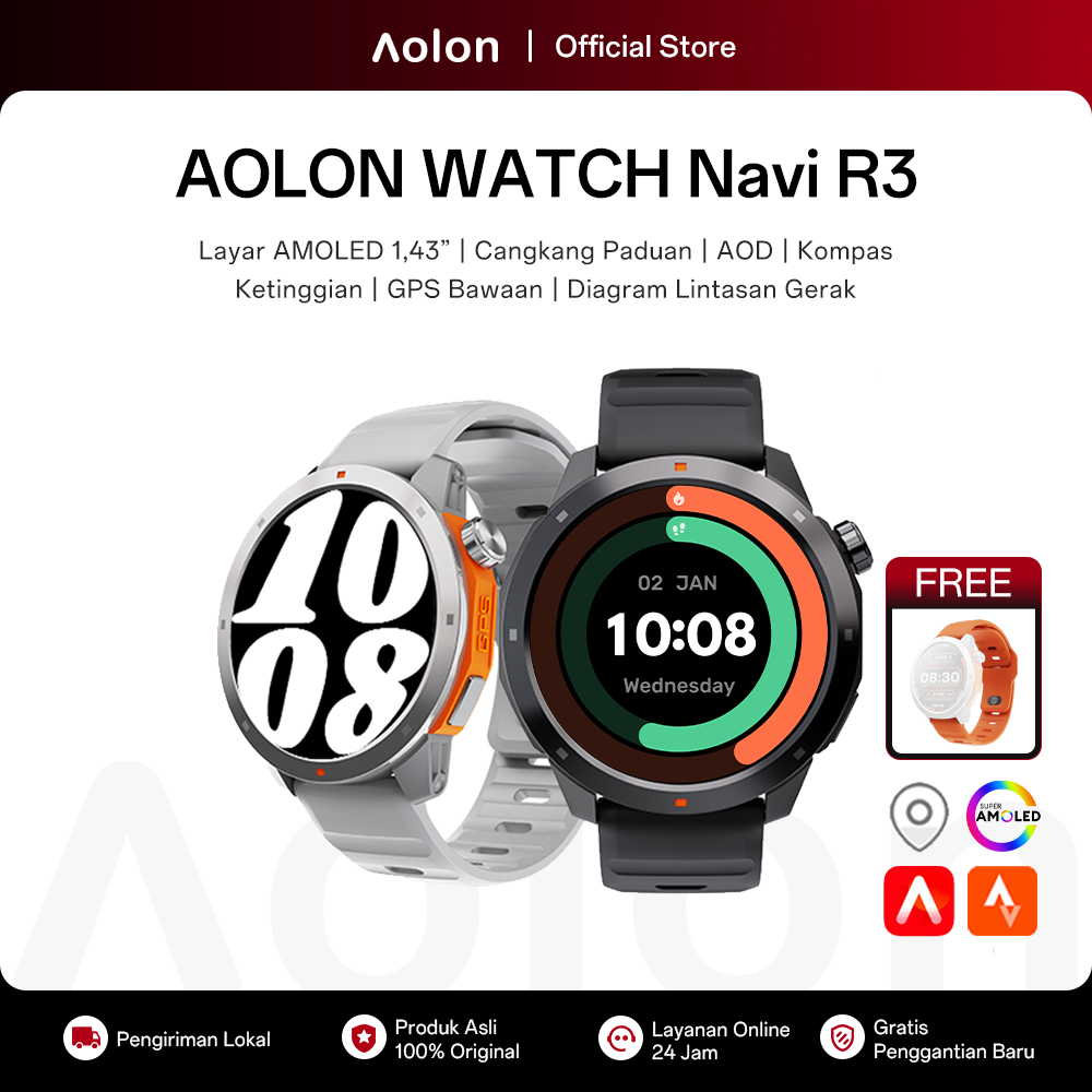 Aolon Navi R3 Jam Tangan Pria GPS Map Running Pace AOD Display Amoled Screen Smartwatch Stainless St