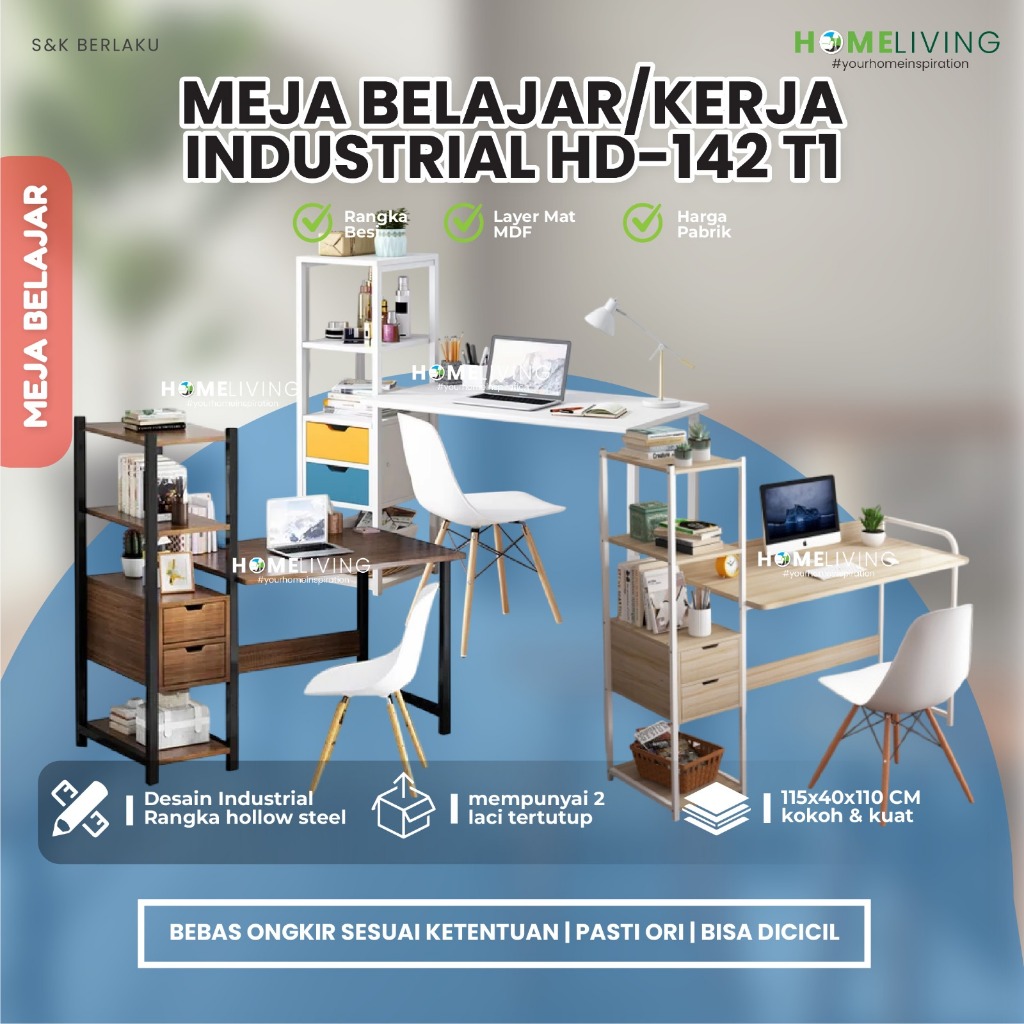 HOMELIVING FURNITURE - MEJA KOMPUTER/BELAJAR/KERJA - MUDAH DIRAKIT DAN DIBERSIHKAN - BAHAN MDF + RAN
