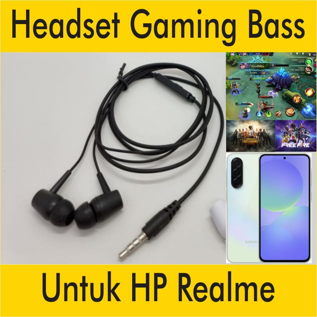 Headset Bass Karet Hitam Stereo untuk HP REALME 13 12 11 10 9 8 7 C75 C73 C71 C65 C63 C61 C55 C53 C5