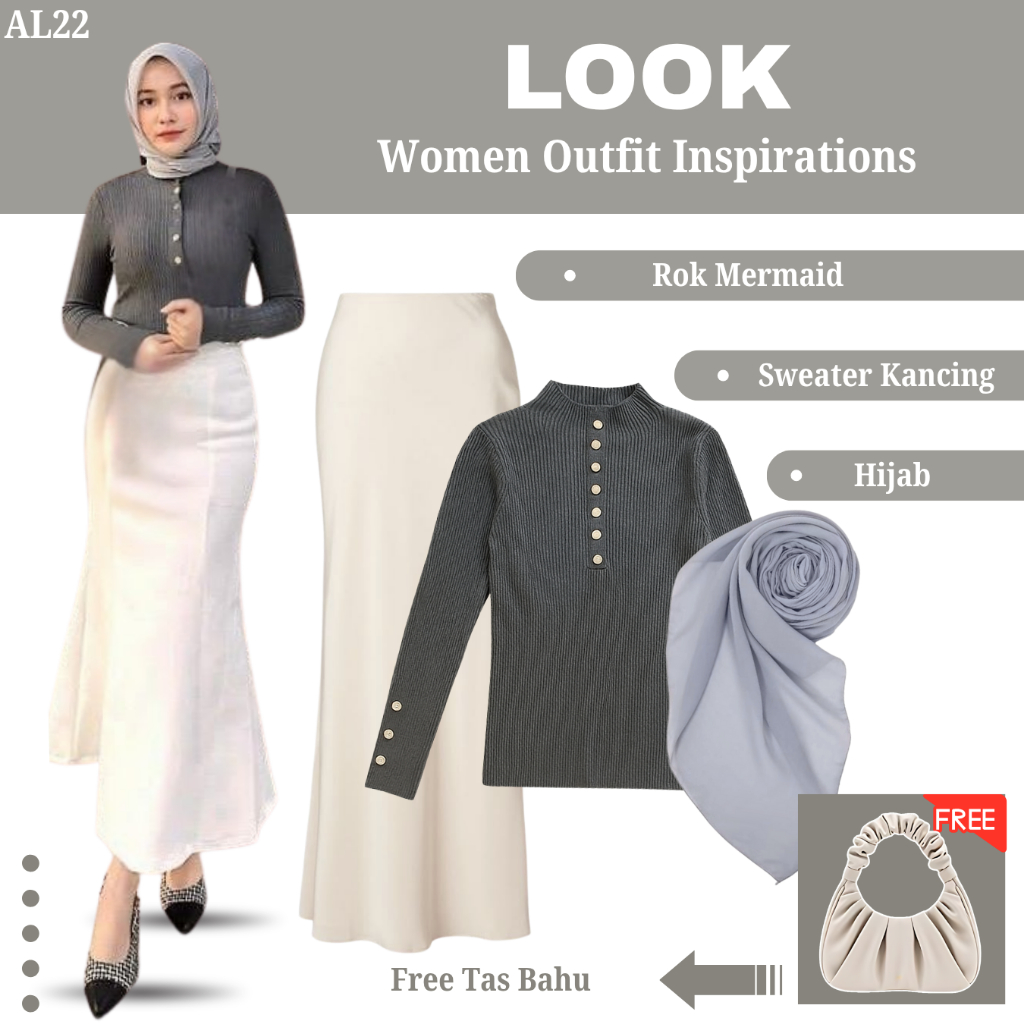 Outfit Ngopi Kekinian | Sweater Inner Rajut Kancing Press Body Abu, Flare Skirt Rok Mermaid Maxi Duy