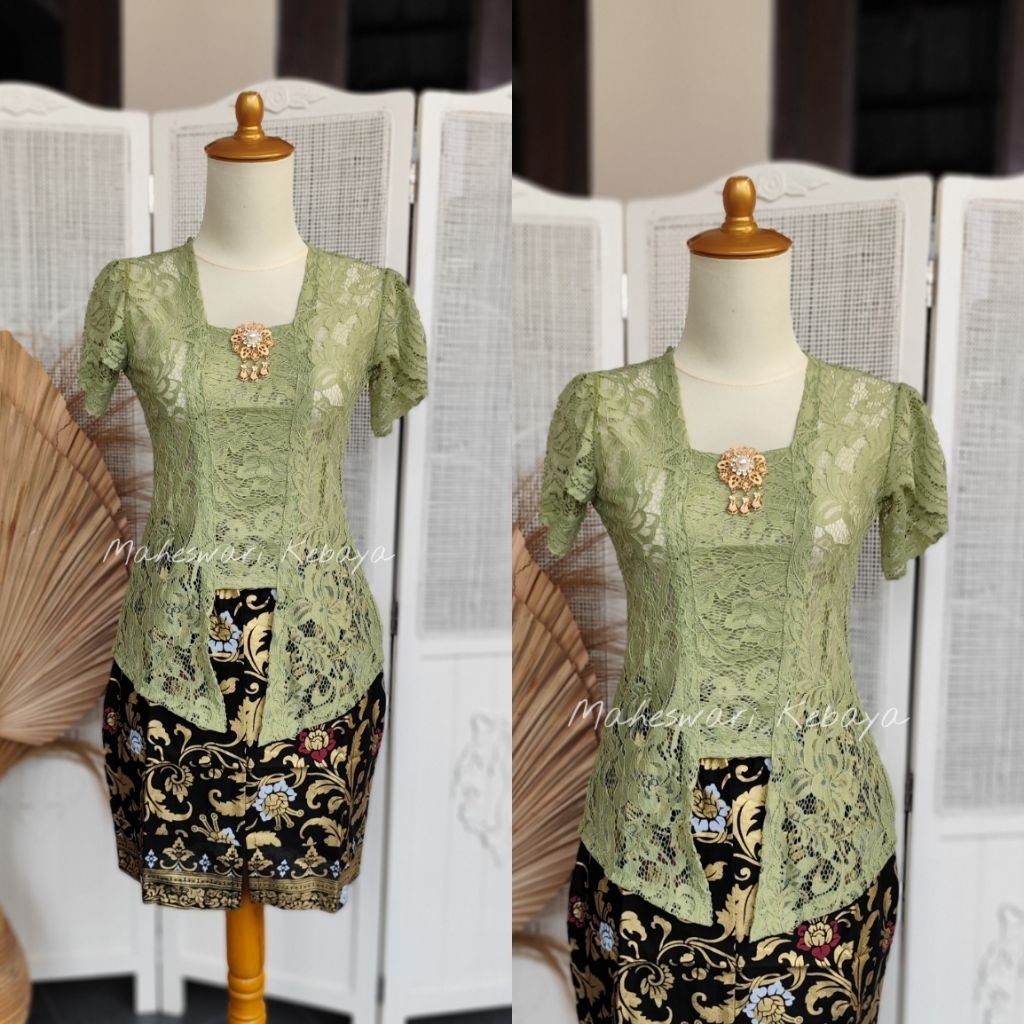 Kebaya Bali Set Brukat Lilit Sage Green Rok Pendek