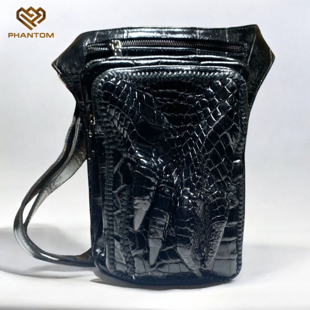 TAS SELEMPANG KULIT BUAYA CAKAR HITAM - TAS PINGGANG PRIA CAKAR BUAYA - TAS KULIT BUAYA CAKAR HITAM