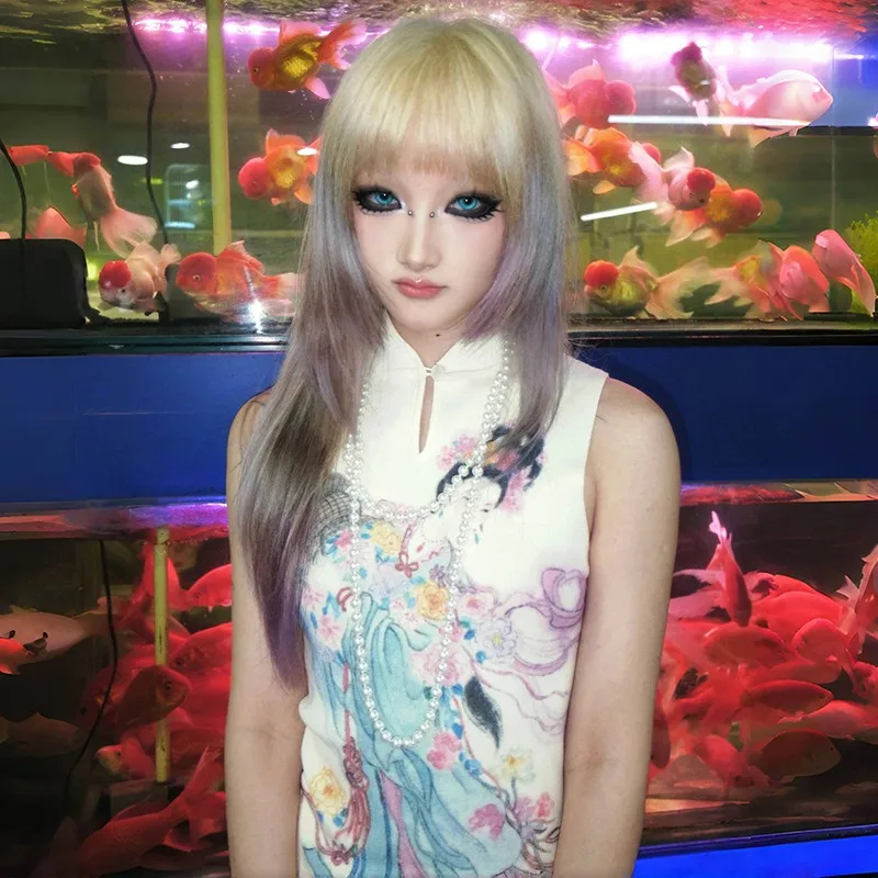 Japanese Y2k Ribbed Tank Top Fairycore Print Sleeveless Tops Vintage Harajuku Slim Tanktop 2000s Aes