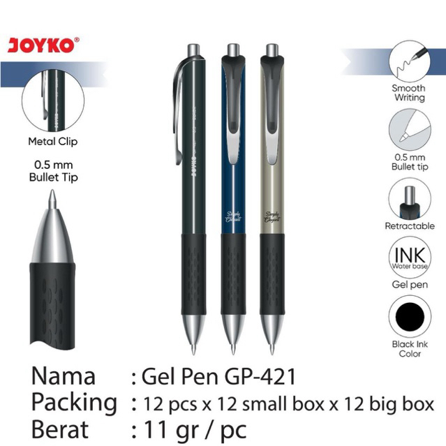 

( 1 pcs ) GP421 Pulpen Gel Retractable Warna Morand Joyko 0.5 mm / GP 421 Gel Pen Cetrek Pegangan Lembut Tinta Hitam / Bolpen Jel Cetek Soft Grip GP-421 0.5mm
