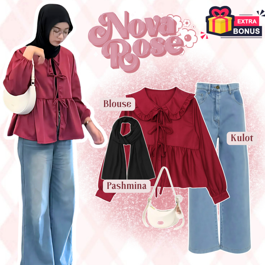 One set 3in1 setelan pakaian hijab blouse tali pita merah maroon putih biru + kulot jeans snow acid 