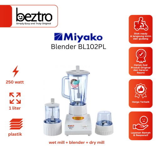 Miyako BL102PL - Blender Plastic 1 Liter 3in1 Pelumat Full Set | Harga Terbaik | Garansi Original