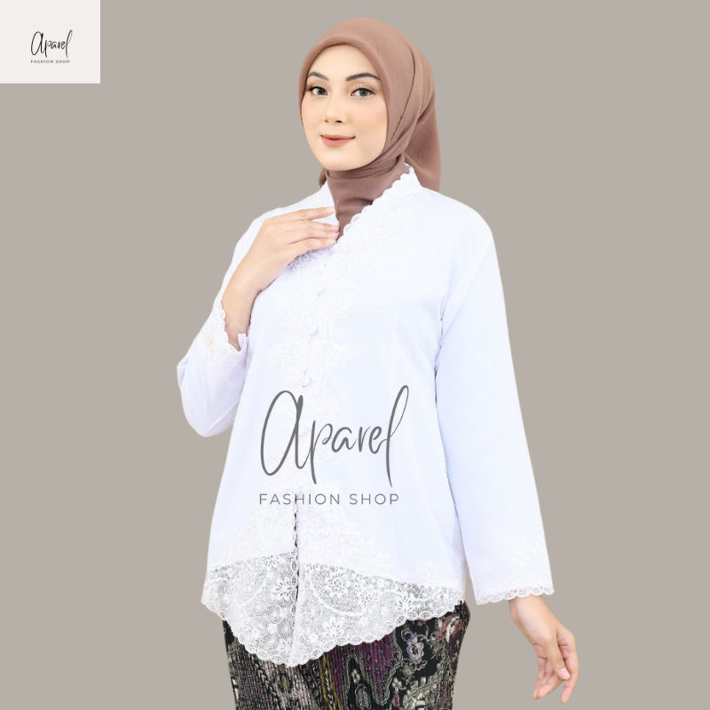 Kebaya Encim Putih Lengan Panjang Bordir Senada