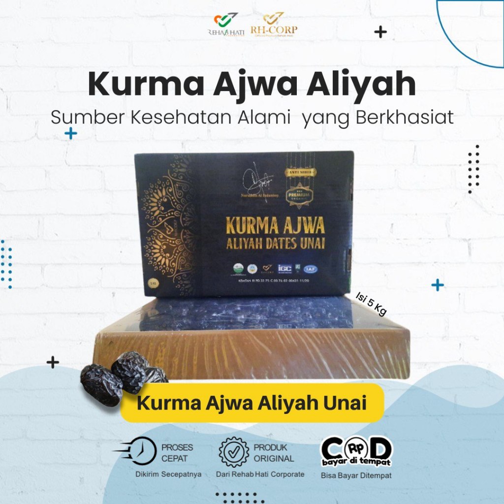 

Kurma Ajwa Aliyah UNAI 5 Kg – 100% Organik Bersertifikat – Premium Rehab Hati