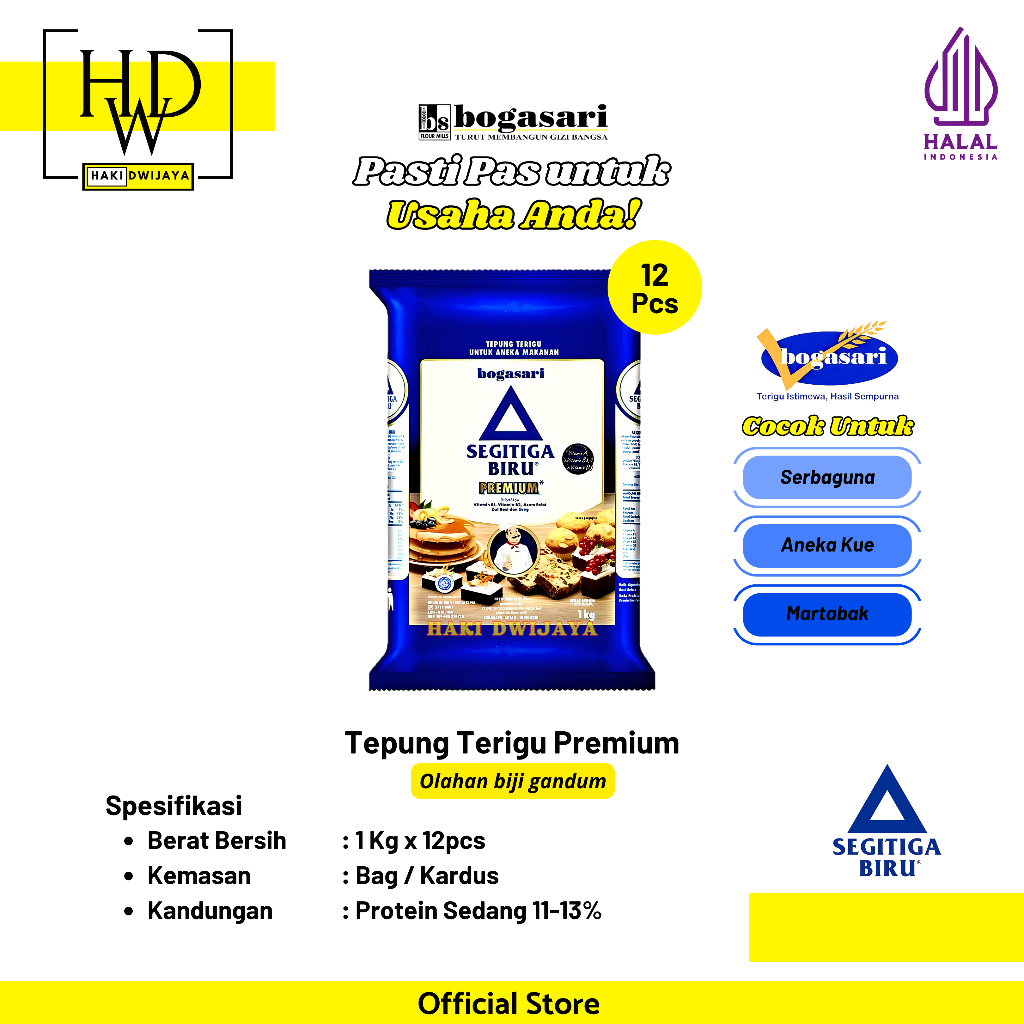 

Bogasari Segitiga Biru Tepung Terigu Premium Protein Sedang Tekstur Lebih Halus & Bersih 1Kg x 12pcs