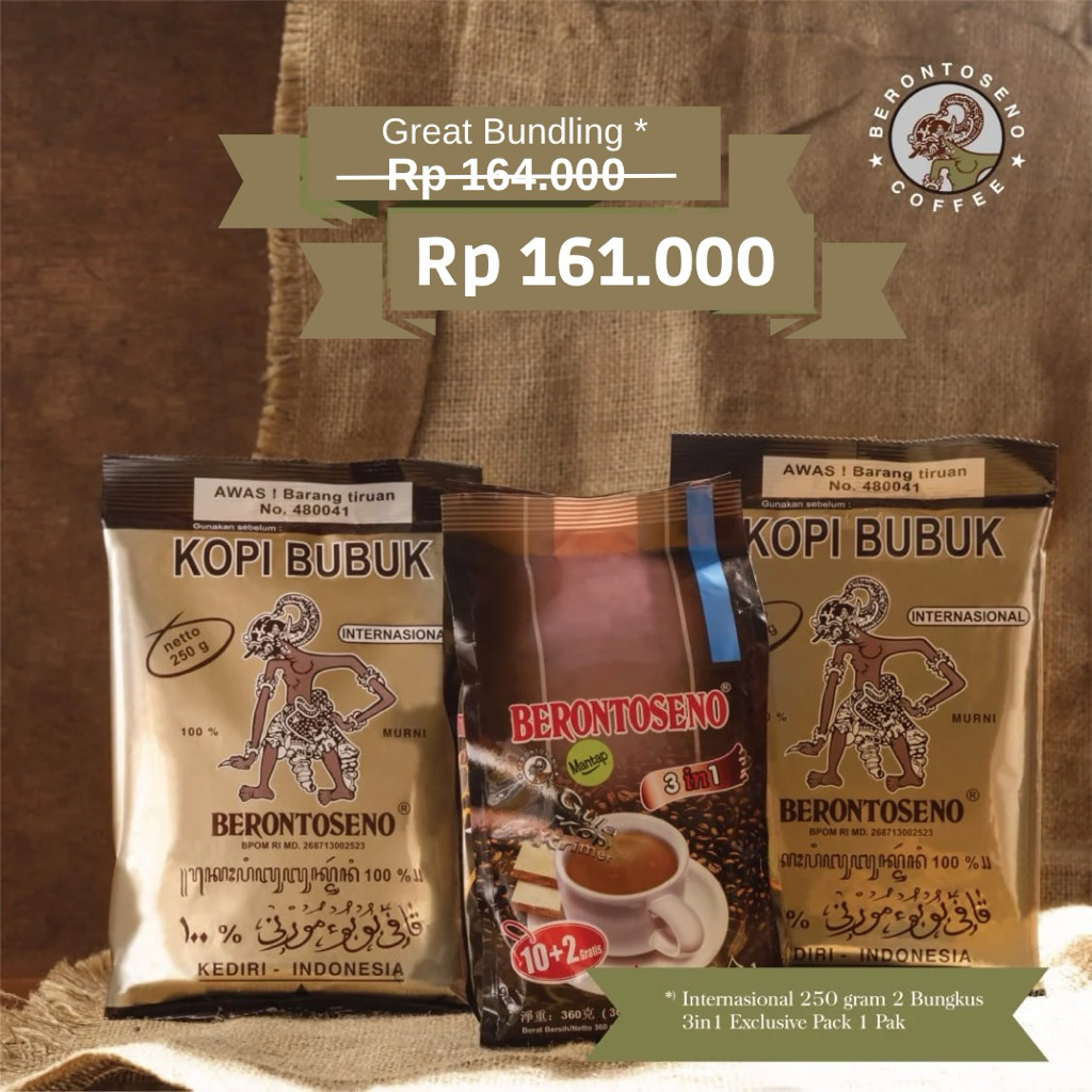 

Kopi Berontoseno Great Bundling Internasional 250 gram + 3 in 1 Pack-