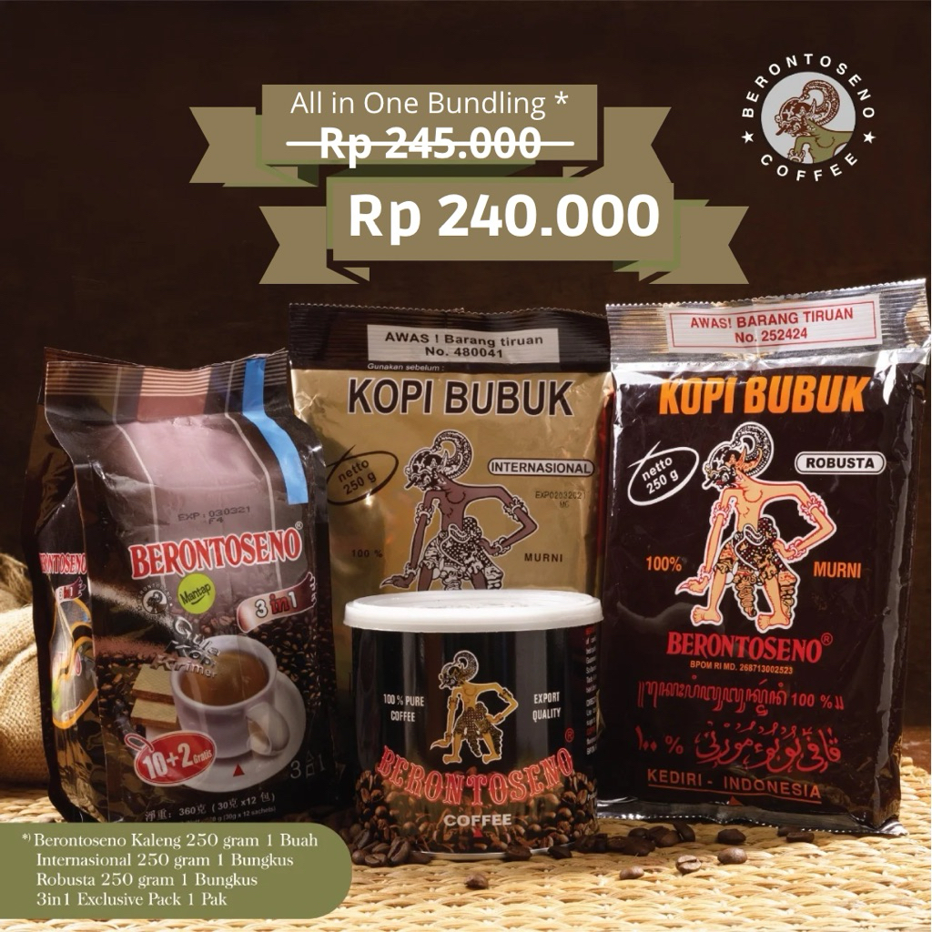 

Kopi Berontoseno All in One Bundling Kaleng + Internasional + Robusta + 3 in 1