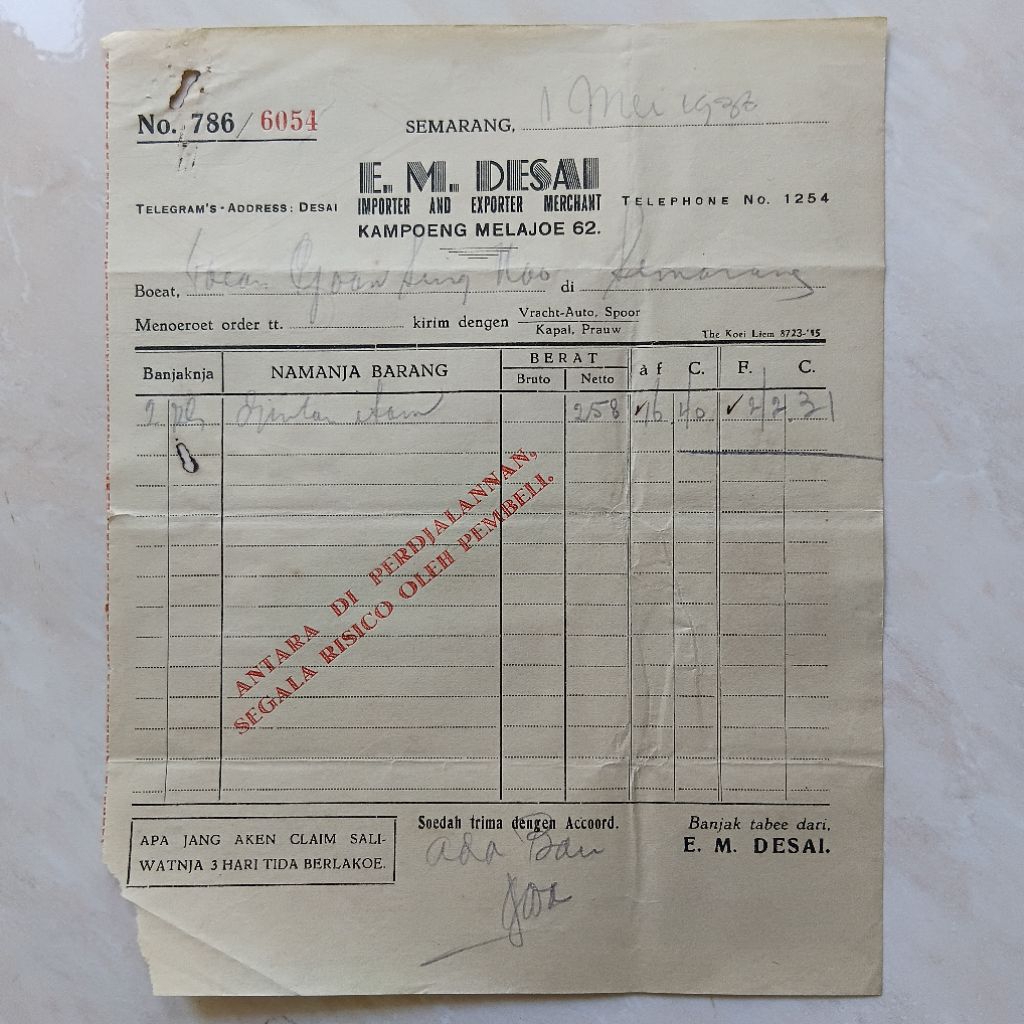 Koleksi Dokumen Arsip Kuno Tua Nota Pengiriman Barang Era Nederland Indie 1 Mei 1936 - YN2630