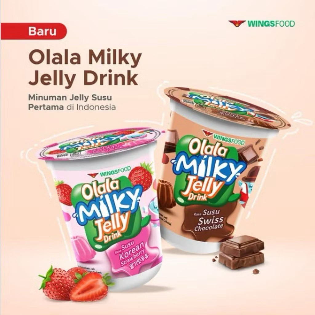 

Olala milky jelly drink 2varian rasa stroberi & coklat 1Dus isi 24cup x 220ml bisa mix rasa