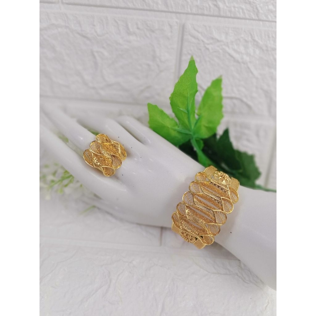 Gelang set cincin bambu premium mirip emas asli