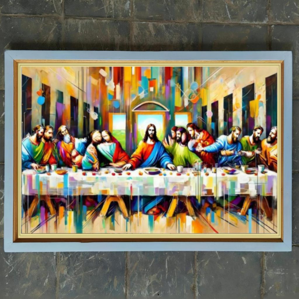 hiasan dinding lukisan cetak perjamuan Kudus terkahir estetik plus bingkai ukuran 85×55