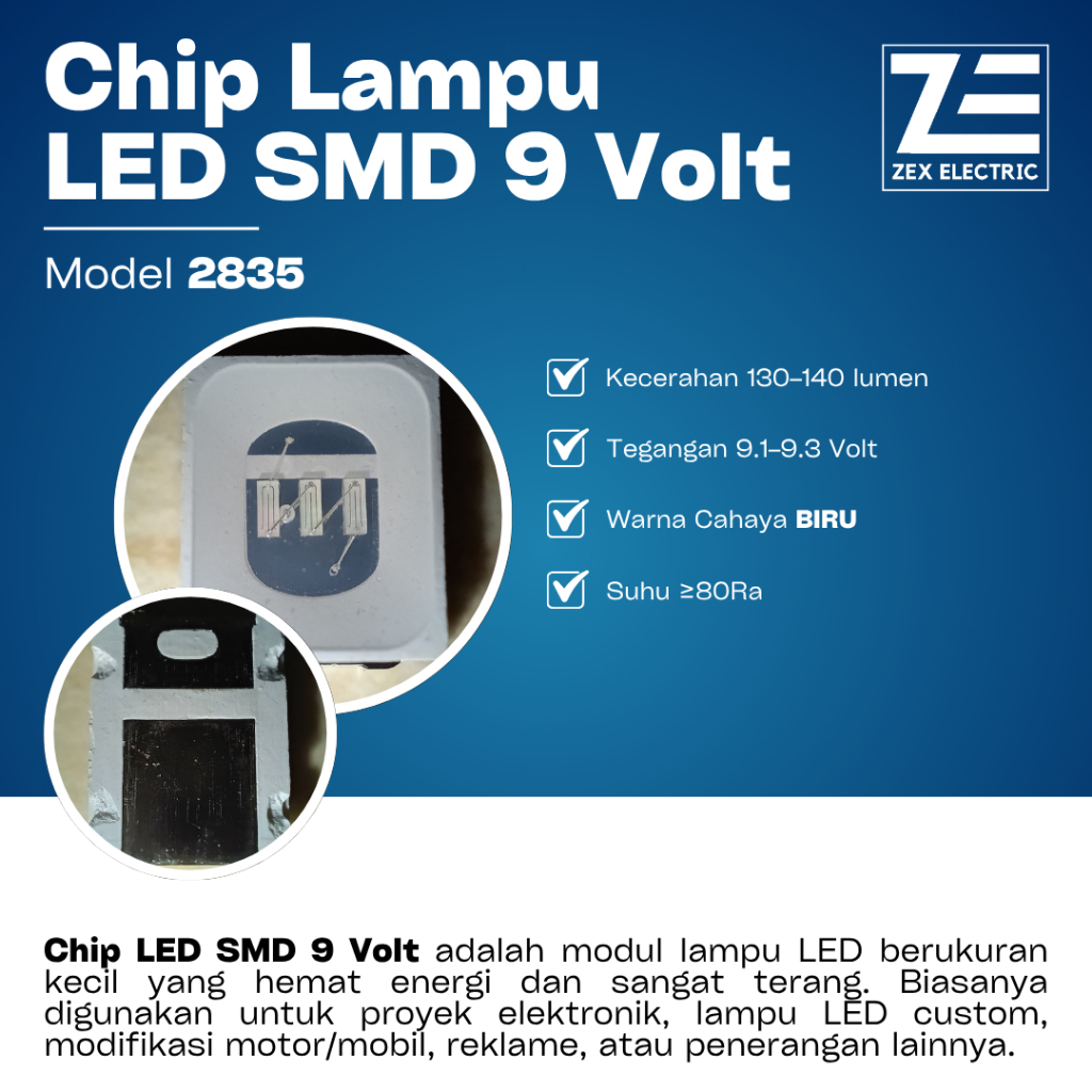 Chip LED SMD 2835 9V 130-140 Lumen ZEX Electric - LED Module Biru Blue Light High Quality