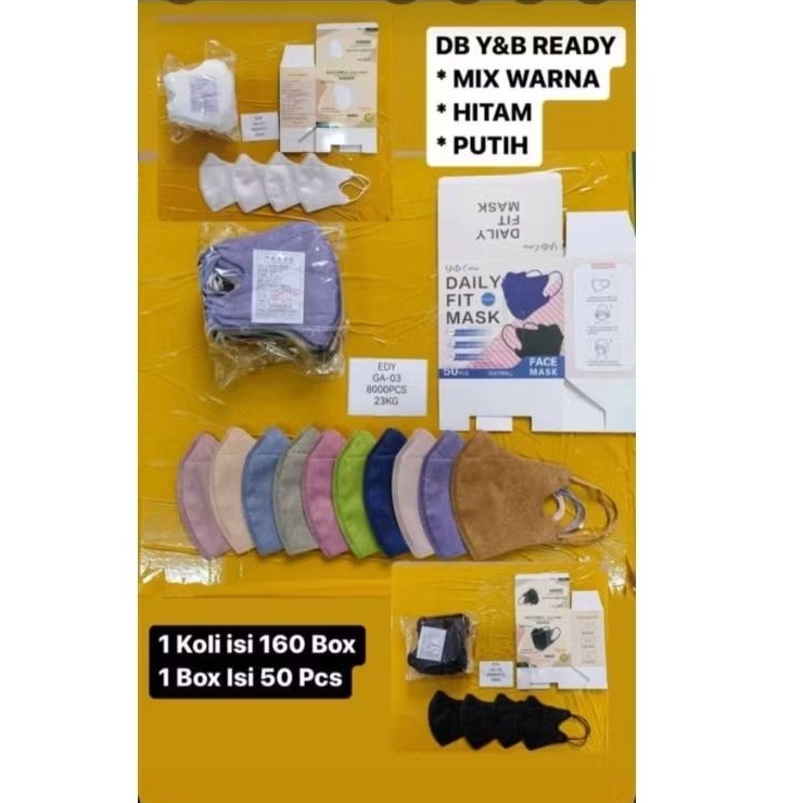 MASKER DUCKBILL Y&B CARE 3PLY ISI 50PCS PUTIH/HITAM / MIX WARNA TEBAL