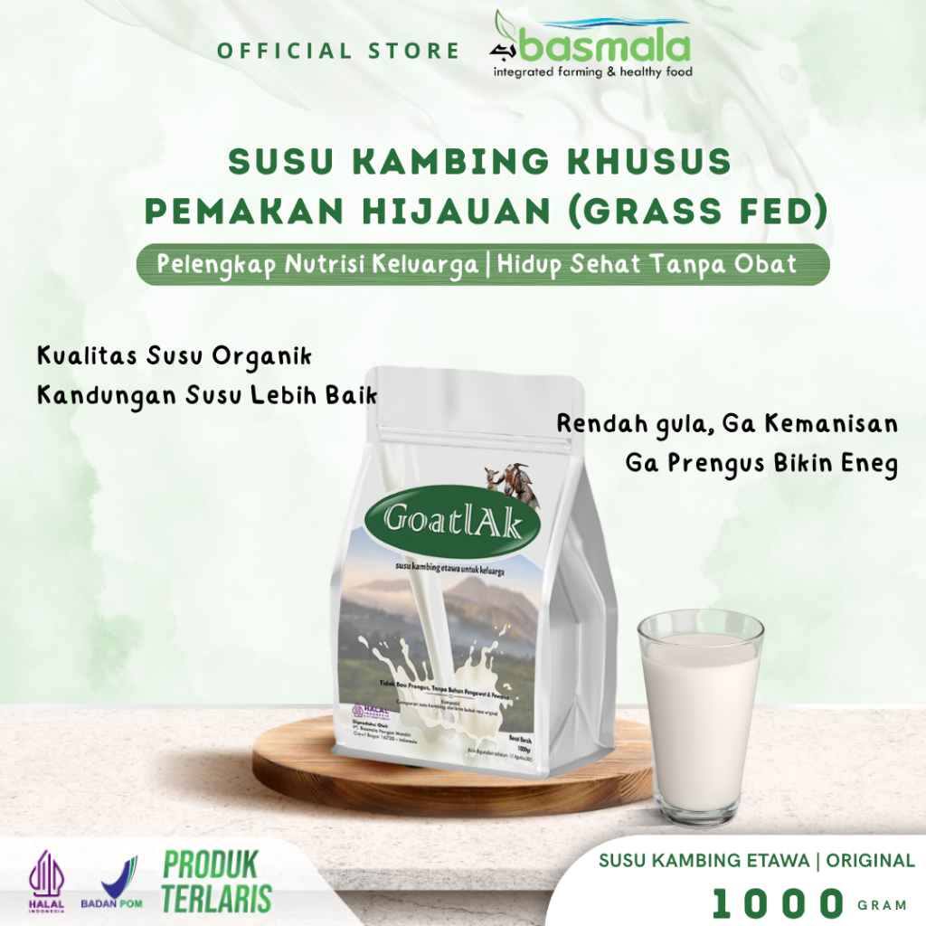 

Susu Kambing Basmala Farm Goatlak susu kambing etawa bubuk 1kg Susu Tulang Dan Sendi Orang Tua Halal