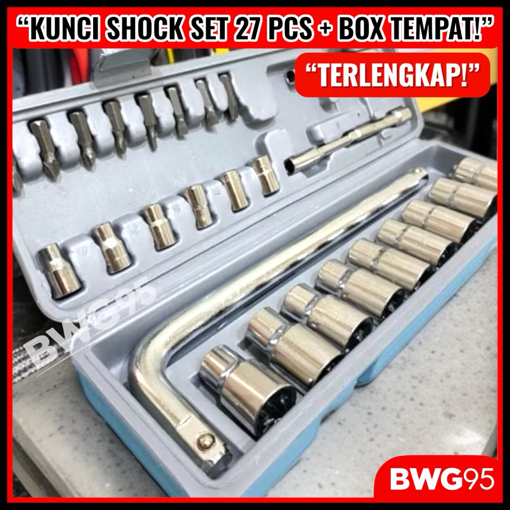 Set Kunci Sok Shcok Wrench 27 Pcs + Box/ Kunci Sok Motor Mobil Lengkap TERMURAH Bisa COD