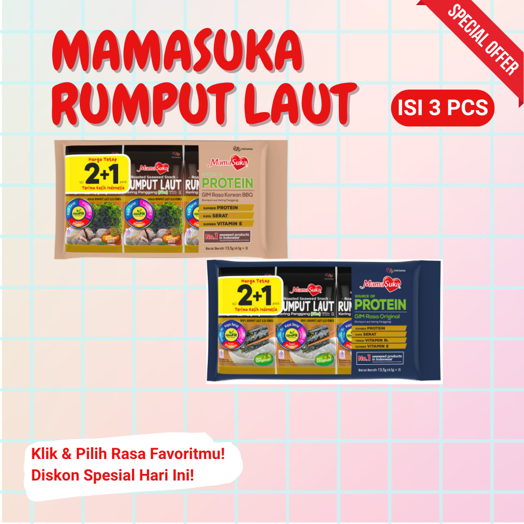 

Rumput Laut Mamasuka 1 Pack Isi 3 PCS – Pilihan Rasa Original dan BBQ, Camilan Sehat Gurih Renyah