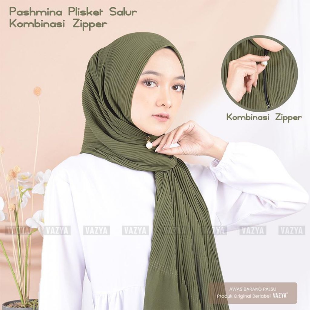 Pashmina Plisket Zipper Ceruty - Hijab Jilbab Pasmina Resleting Model Terbaru Kekinian Stylish