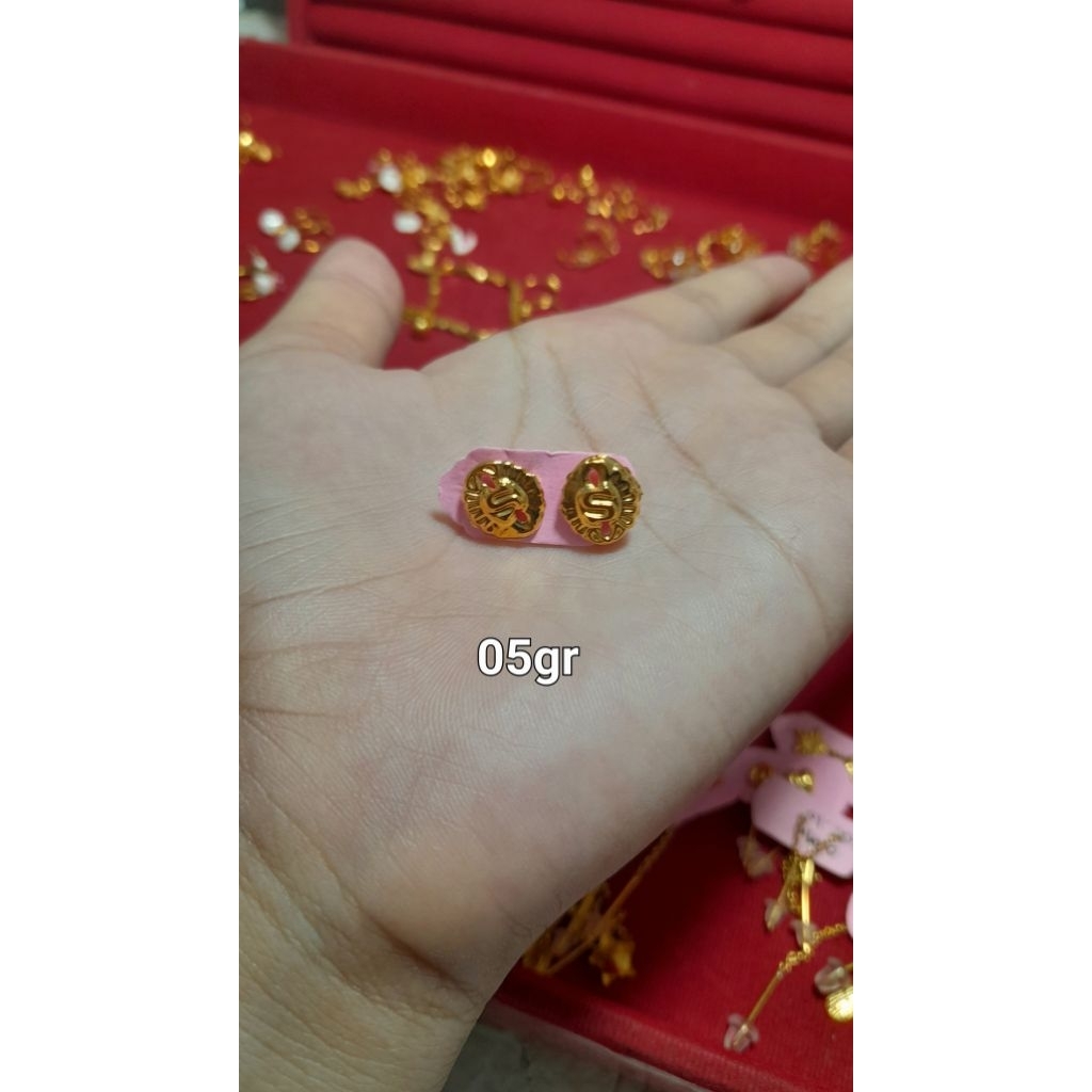 anting tindik S emas mudah kadar 5% [05gr