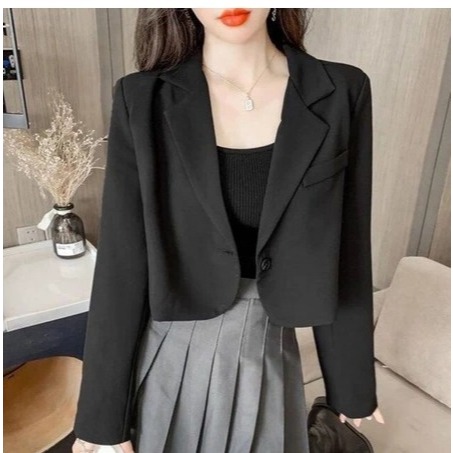 Crop Blazer Wanita Hitam- Stylish Jas Cropped
