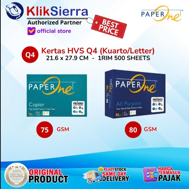 

PaperOne Quarto Q4-75gr & Q4-80gr - Copier Paper Kuarto Kertas HVS 80gram Putih Polos with ProDigi