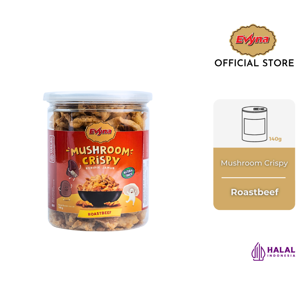 

Evyna Mushroom Crispy/ Keripik Jamur Krispi Rasa Roasted Beef Botol PET CAN 140g