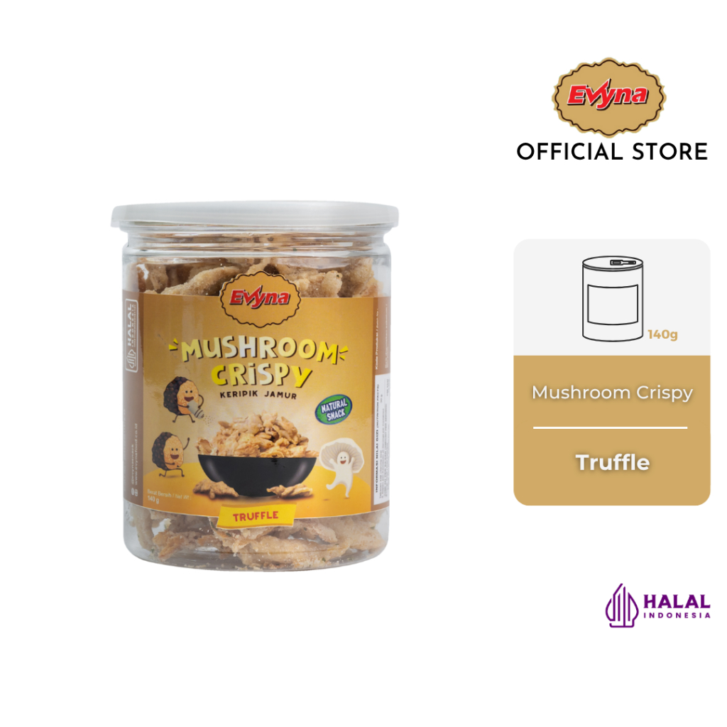 

Evyna Mushroom Crispy Truffle / keripik jamur krispi rasa truffle botol PET CAN 140 gram