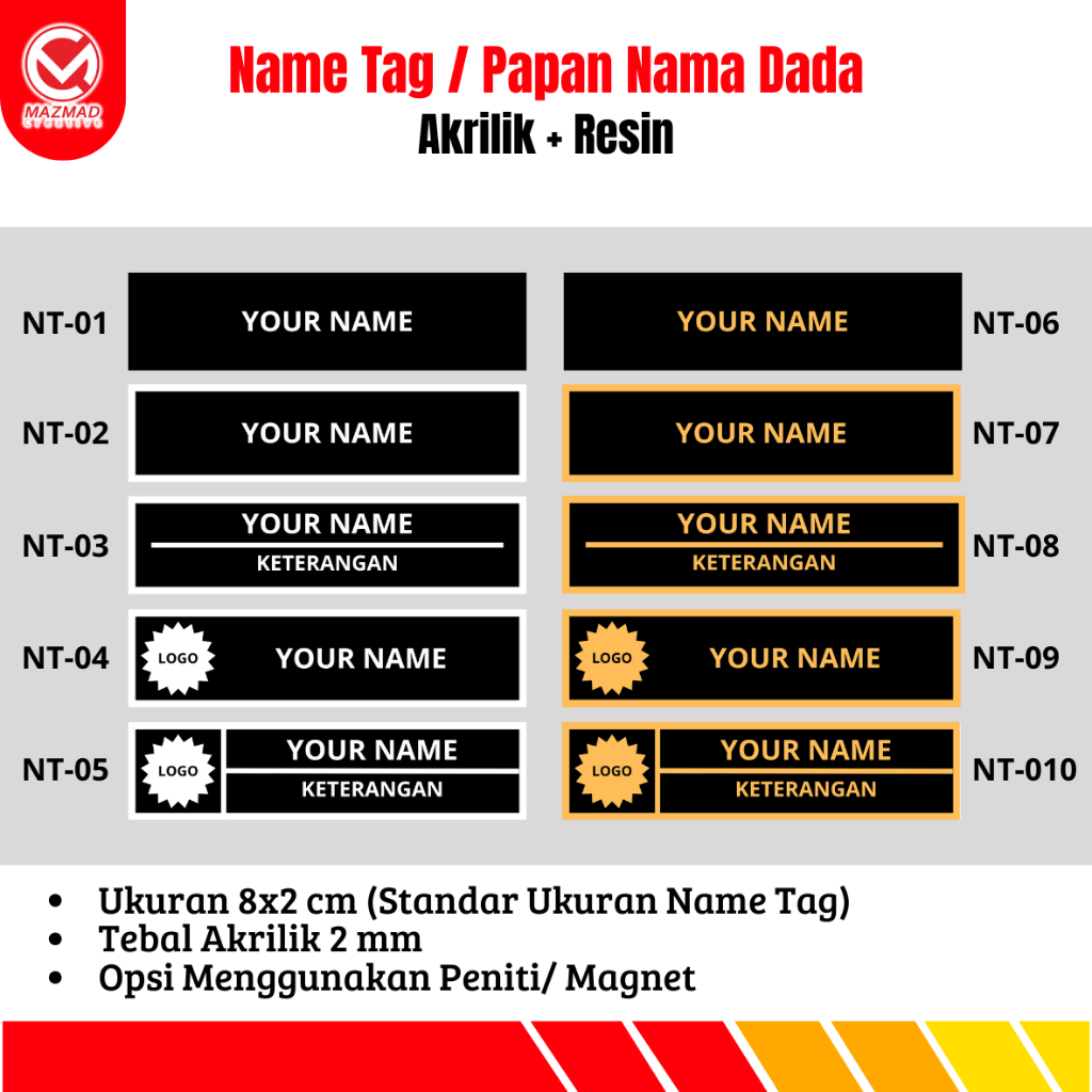 

Nametag / Nama Dada / Papan Nama Dada Akrilik Custom Bisa Satuan