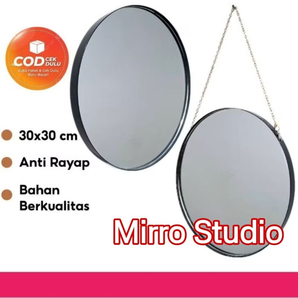 cermin aesthetic cermin bulat cermin gantung cermin tempel ( Frame Hitam )