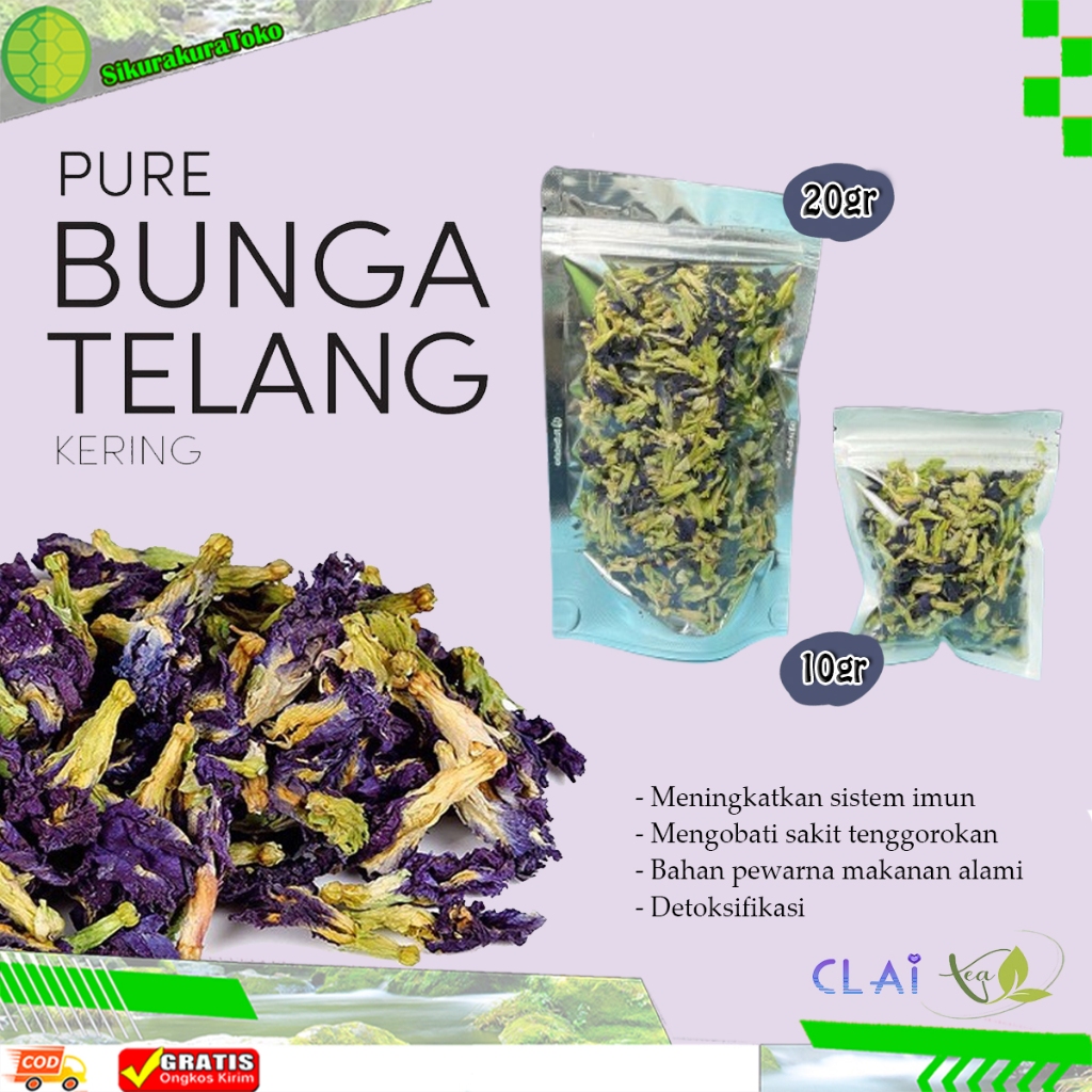

(skr) Clai Teh Bunga Telang Kering Organik 20 & 10 Gr Talang Teleng betterfly pea flower Clitoria ternatea minuman herbal kesehatan