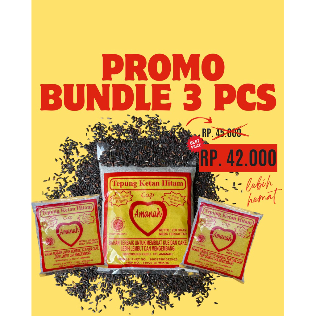 

promo bundle 3 pcs Tepung Ketan Hitam Cap Amanah | Tepung Ketan Hitam Halus