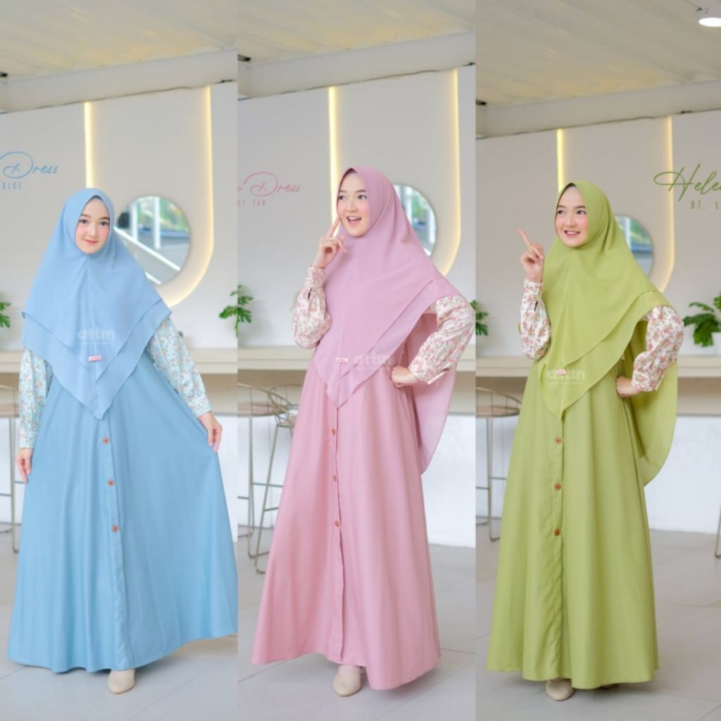 Helena Dress Gamis Polos Mix Motif Bahan Toyobo by Attin