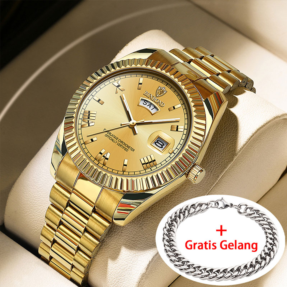 BINBOND Mens Watch Quartz Date Waterproof Wristwatch Men Gold Stainless Steel Analog Watch