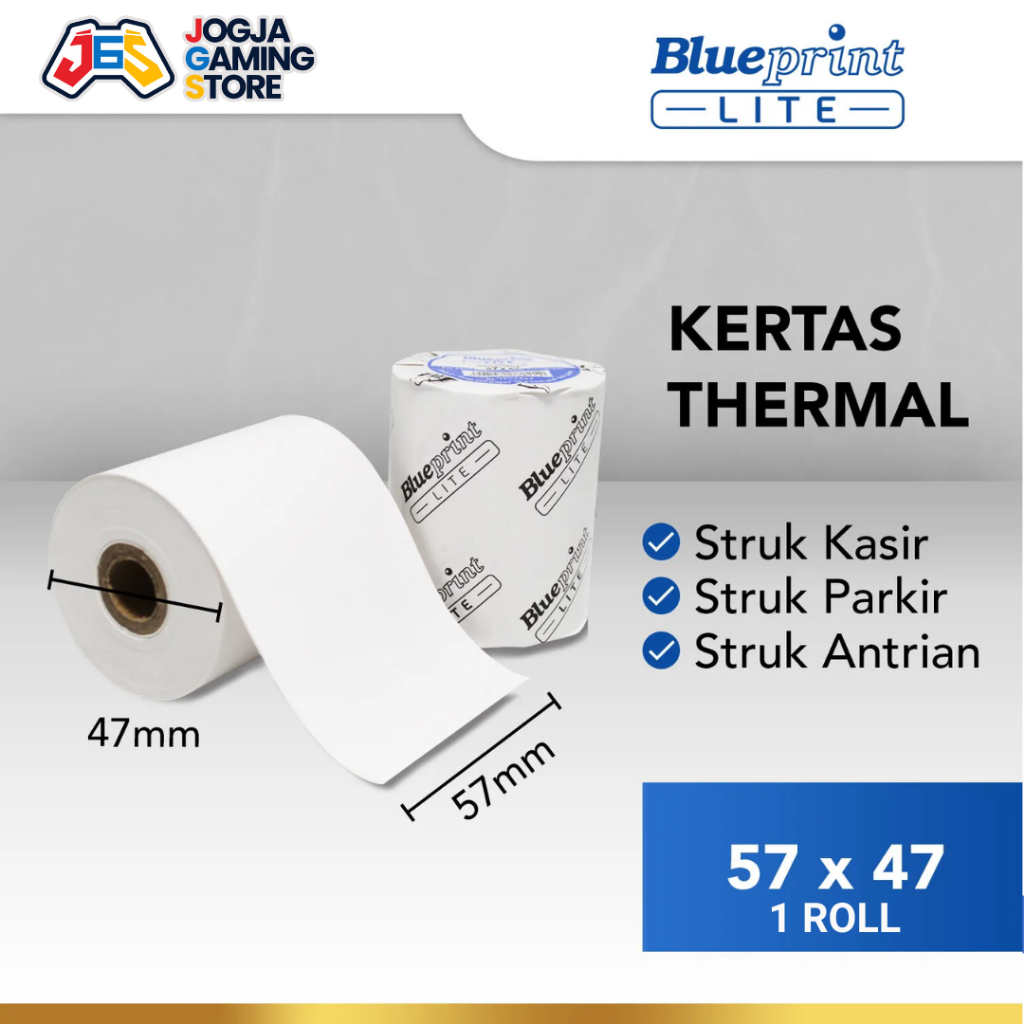 

KERTAS THERMAL ROL STRUK KASIR PPOB EDC KARCID PARKIR BLUEPRINT LITE 57x47 58x47 - PER ROLL